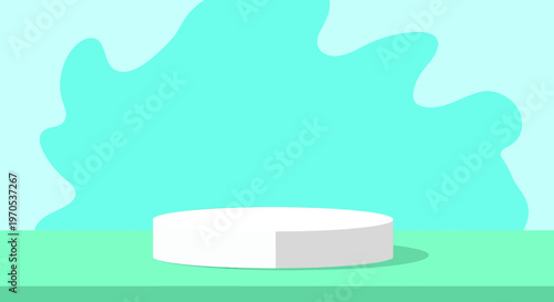 Clean White Cylindrical Product Display Podium Mockup on Green Surface with Abstract Teal Splash Background for E-commerce, Beauty, Cosmetics, and Branding Presentation