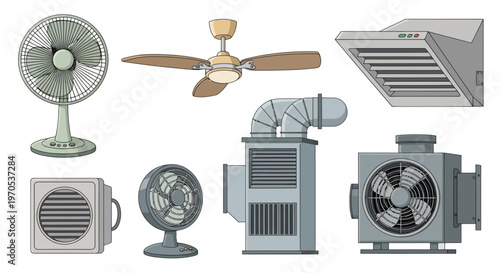 Collection of Home and Industrial Fans, Ventilation Systems, and HVAC Equipment Vector Illustration in Flat Design Style for Climate Control Appliances