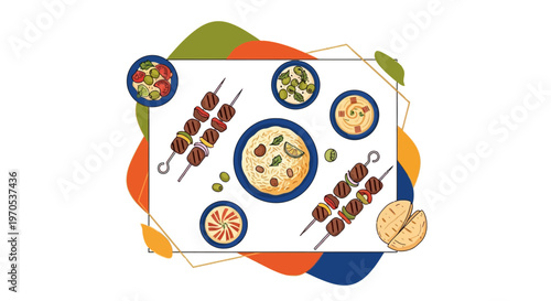 Middle Eastern Food Set Illustration with Grilled Beef Kebab Rice Hummus and Pita Bread Top View