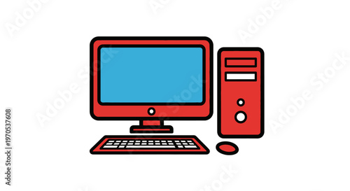 Red computer desktop workstation setup.