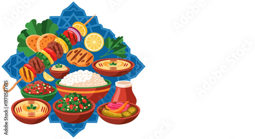 Middle Eastern Food Mezze and Kebab Vector Illustration with Islamic Ornament Background
