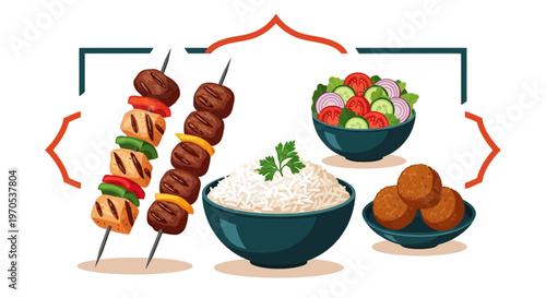 Arabic Food Collection Vector Illustration Kebab Basmati Rice Salad and Falafel with Minimalist Islamic Frame