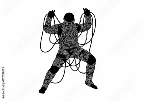 Black silhouette of a human figure tightly wrapped in white lines, appearing bound and restricted