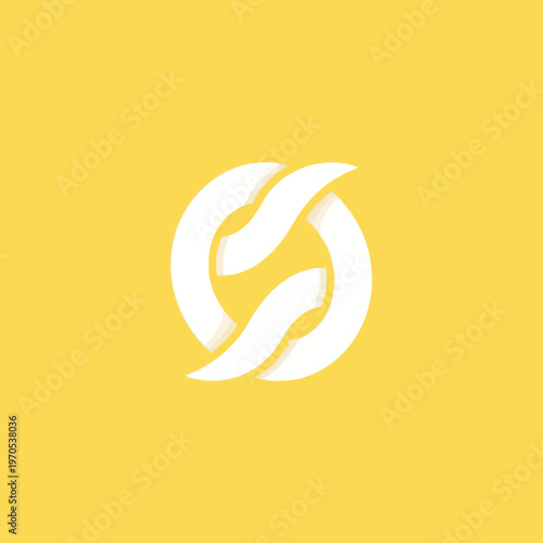 Abstract white circular logo with flowing shapes.