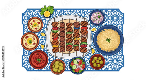 Traditional Arabic Food Table with Grilled Beef Kebabs, Hummus, Rice, and Fresh Mezze Salad on Blue Islamic Ornament Background Vector.