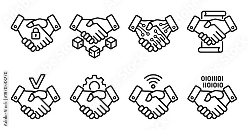Blockchain smart contract handshake icons for secure, digital, and automated business agreements