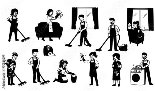 Janitor cleaning workers doodle illustration with men and women washing mopping and wiping vector set