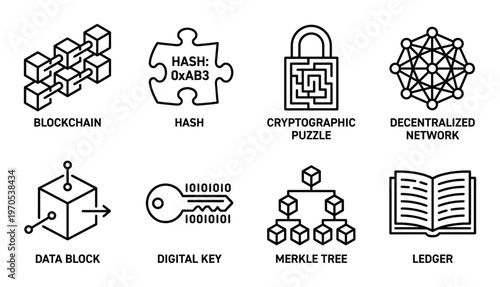 Blockchain technology outline icons set for digital ledger database and decentralized cryptocurrency
