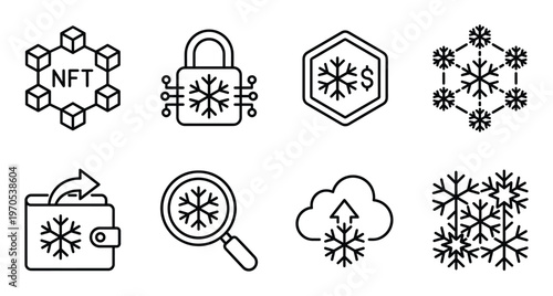 Cold storage crypto wallet and snowflake security icons for nft protection and frozen digital asset