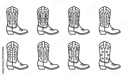 Collection of cowboy boots and western boots outline drawings vector illustrations