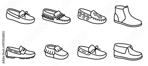 Collection of moccasin style shoes and ankle boots outline drawings vector set
