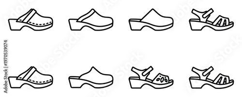 Collection of stylish clog and sandal icons on transparent background outlined footwear set
