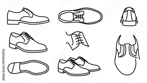 Derby shoes technical illustration set showing side top back and bottom views with lace up details