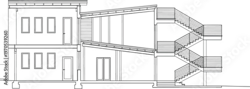 Building Side Elevation with Stairs, Two-Story Residential Design, Architectural Outline for Modern Housing and Construction Concepts