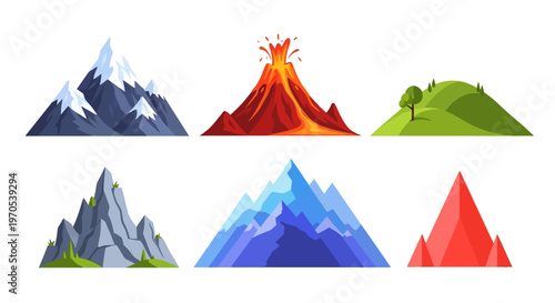 Set of various mountain landscape icons including volcano snowy peaks and green hills vector