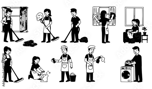 Cleaning company workers doodle set with janitors washing wiping and cleaning room vector illustration
