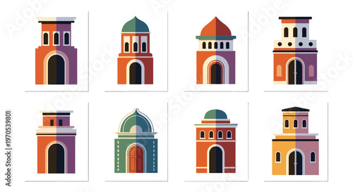 Collection of Stylized Middle Eastern Buildings Vector Illustration Set with Flat Design and Geometric Shapes for Cultural Heritage and Travel Graphic Resources