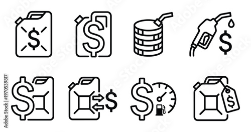 Fuel price line icons set of jerrycan with dollar sign, stacked coins and gas pump