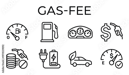 Gas fee concept electric car charging station economy and fuel price reduction icons