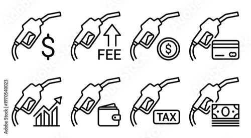 Gas station line icons set of fuel pump with different symbols of money and payment methods