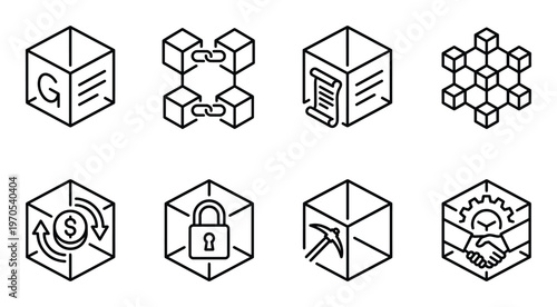 Mining and smart contract blockchain icons for financial transactions and secure digital agreements