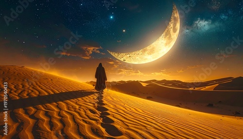 Silhouette of traveler admiring crescent moon over golden desert dunes at dusk