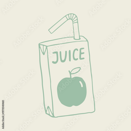 Hand drawn vector of a green apple juice carton box with an attached drinking straw. Clean line art packaging illustration with a simple apple and handwritten text for health and breakfast concepts