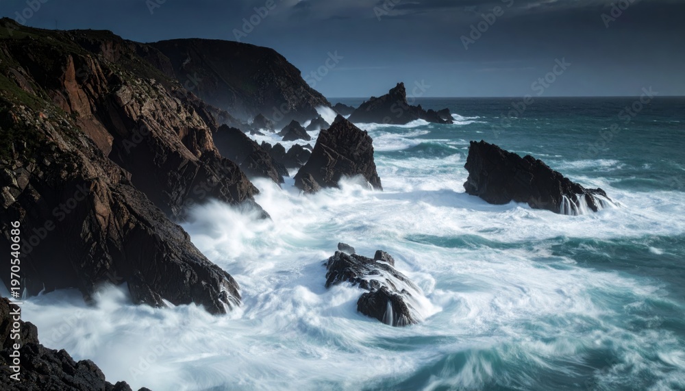 Fototapeta premium Dark Jagged Cliffs Confront the Churning White Fury of a Turbulent, Moody Ocean.