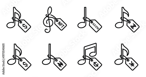 Music NFT price tag line icons set with musical note and different currency symbols