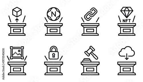 Nft art museum exhibition icons set with pedestal and digital assets for virtual gallery showcase
