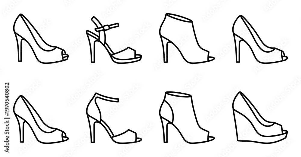 Fototapeta premium Peep toe shoe icons collection vector illustration various high heel styles for elegant women fashion