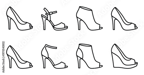 Peep toe shoe icons collection vector illustration various high heel styles for elegant women fashion
