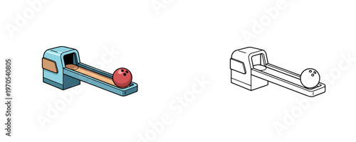 Bowling ball return system in flat cartoon and black line style in blue and red colors representing professional alley equipment for sports games and leisure on white background