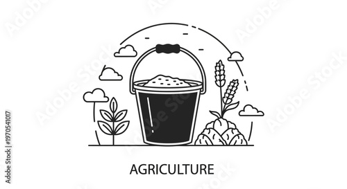 Black bucket filled with wheat grains.