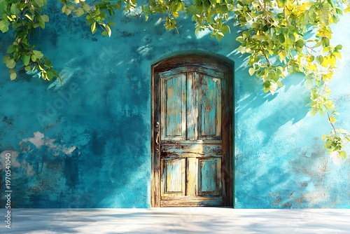 Weathered rustic door graces a textured turquoise wall, framed by vibrant leafy branches overhead