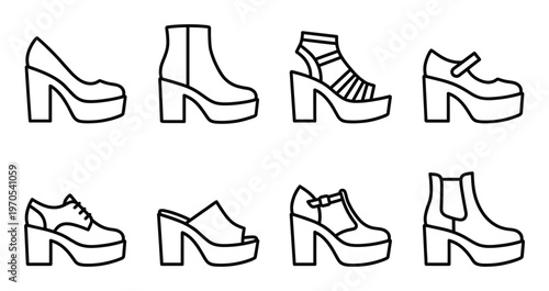 Platform shoe icons set vector illustration chunky heel footwear styles for modern fashion design art