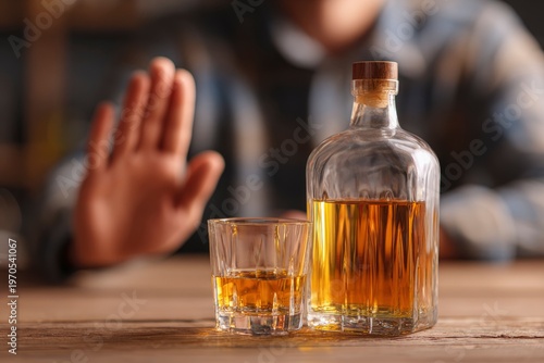 Man refusing whiskey bottle and glass.