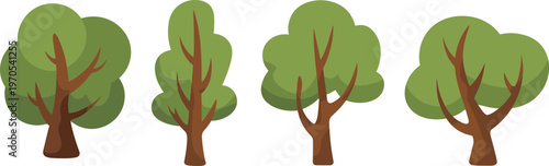 Set of green deciduous trees with brown trunks and leafy canopies isolated on white background for landscape design vector illustration