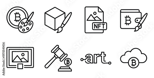 Set of eight nft and art related icons including bitcoin wallet paint cube hammer