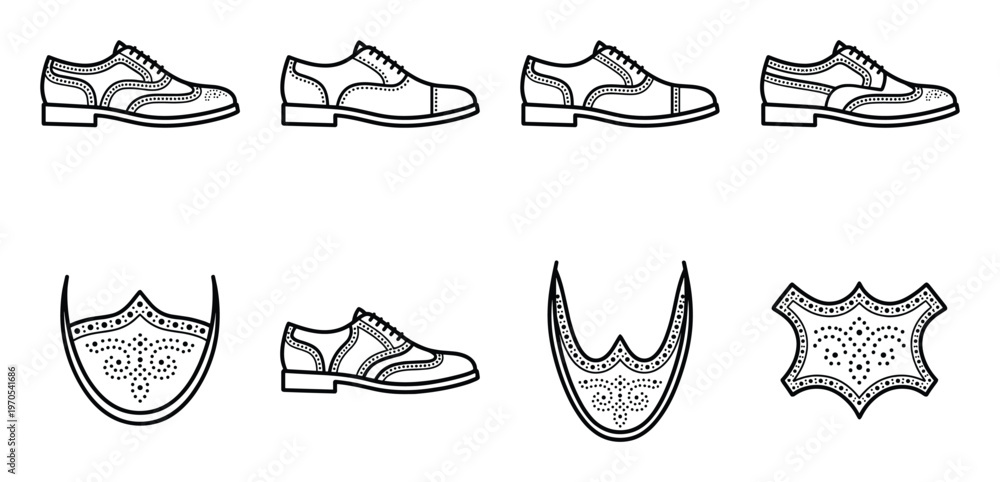 Fototapeta premium Set of various brogues shoes and perforated leather elements, outline design collection