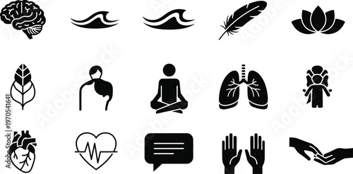 Black silhouette icons representing mind body and wellness concepts