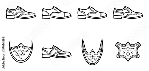 Set of various brogues shoes and perforated leather elements, outline design collection