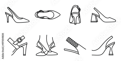 Slingback shoe icons collection vector illustration different views of elegant lady footwear designs