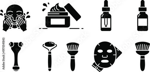 Black silhouette icons of skincare products and facial treatment tools