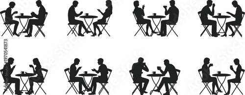 People drinking coffee silhouettes sitting cafe conversation meeting set flat vector