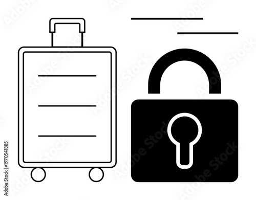 Travel safety, luggage security, privacy, personal belongings, theft prevention, transportation protection. A suitcase and padlock side by side. Travel safety and luggage security concept