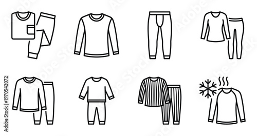 Thermal underwear and base layer clothing icons for cold weather protection and winter sports attire