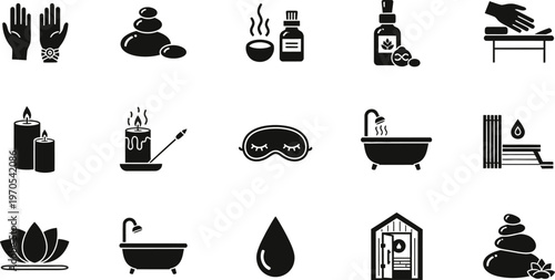 Black silhouette icons representing spa and wellness treatments and relaxation