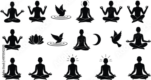 Black silhouette collection yoga poses birds crescent moon and flames