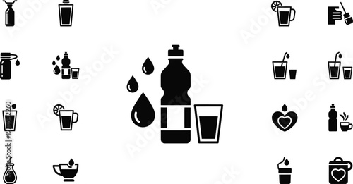 Black and white icons representing various beverage types and containers